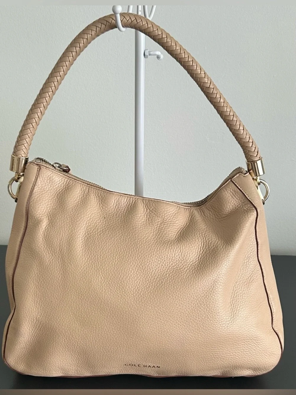 Cole Haan Beige Pebbled Leather Hobo Shoulder Bag Braided Handle Tote
